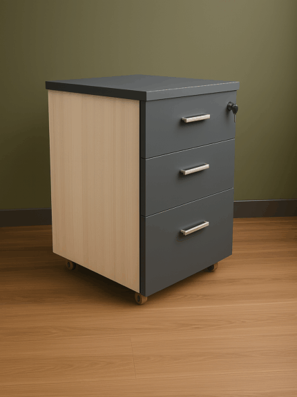 A three-drawer mobile storage unit (Model: 144) made from melamine board, featuring color-customizable drawer fronts and castor wheels, placed on a wooden floor against an olive green wall.