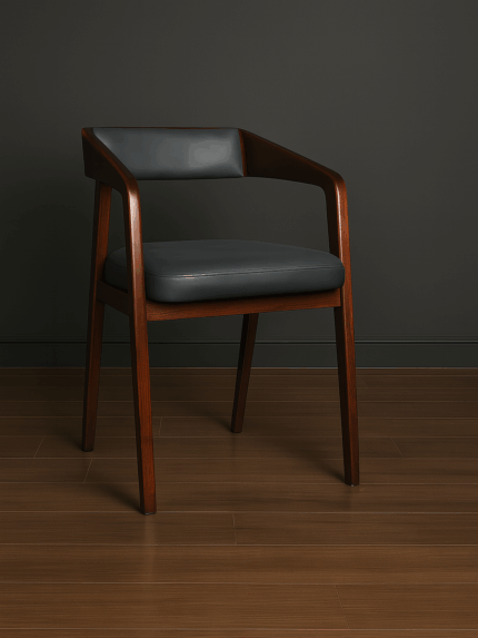 A stylish wooden armchair (Model: DDC 1409) with a curved frame made of Akashi/Mahogany, upholstered in black leather, placed on a light wooden floor with a green background.