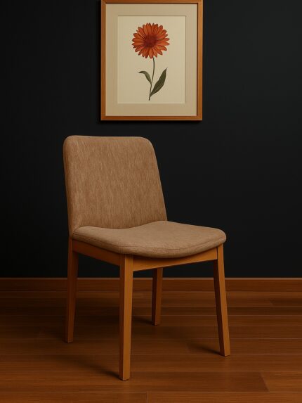 A modern wooden chair (Model: DDC 1410) made from Akashi/Mahogany wood with a brown upholstered seat and backrest, placed on a wooden floor with a floral painting on the wall.