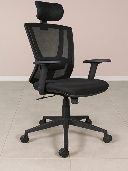 DE 5524 ergonomic black mesh office chair with headrest, nylon E base, 120mm hydraulic lift, and back tilt mechanism.