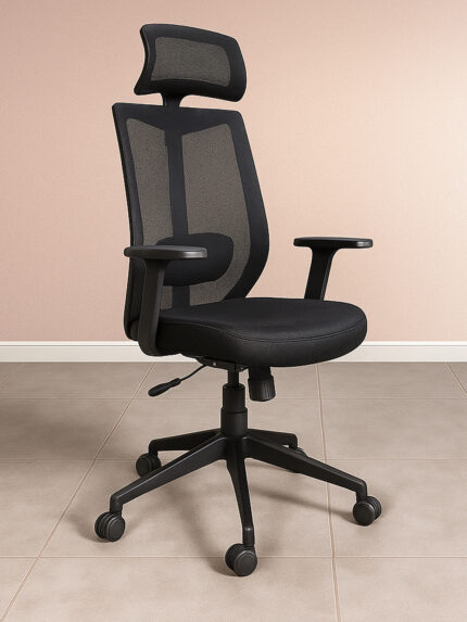 DE 5540 ergonomic mesh office chair with black nylon E base, breathable mesh back, 120mm hydraulic lift, and back tilt mechanism.