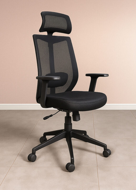DE 5540 ergonomic mesh office chair with black nylon E base, breathable mesh back, 120mm hydraulic lift, and back tilt mechanism.